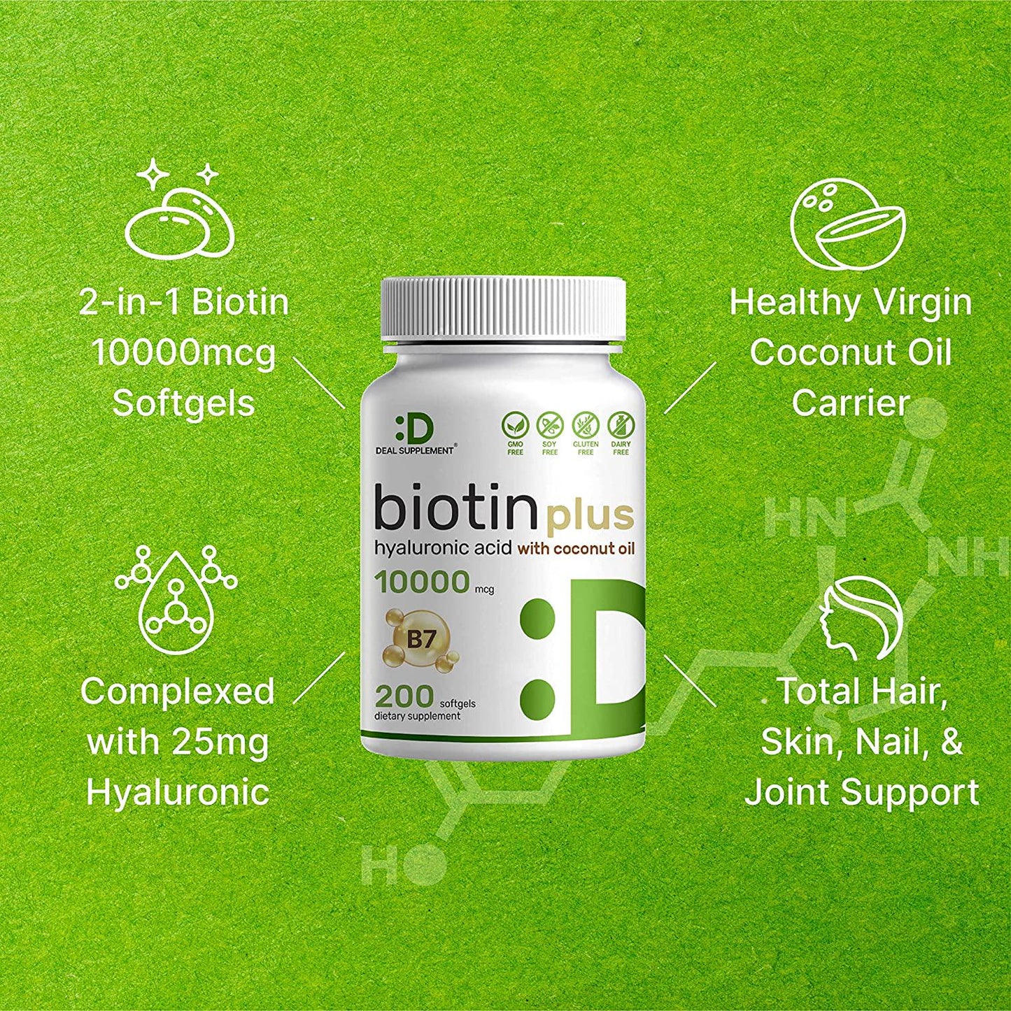 Biotin 10000mcg Plus Hyaluronic Acid with Coconut Oil, 200 Softgels, Bioavailable Biotin (Vitamin B7) Supplement, Promote Healthy Hair, Skin and Nails for Women and Men, Gluten Free, Non-GMO