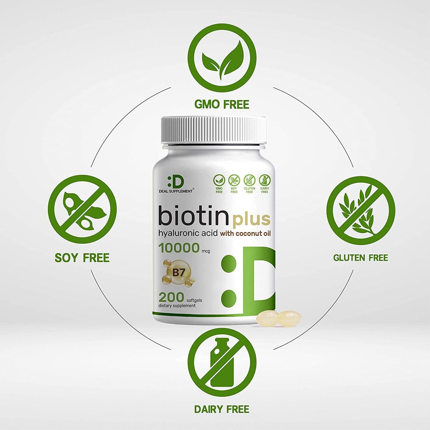 Biotin 10000mcg Plus Hyaluronic Acid with Coconut Oil, 200 Softgels, Bioavailable Biotin (Vitamin B7) Supplement, Promote Healthy Hair, Skin and Nails for Women and Men, Gluten Free, Non-GMO
