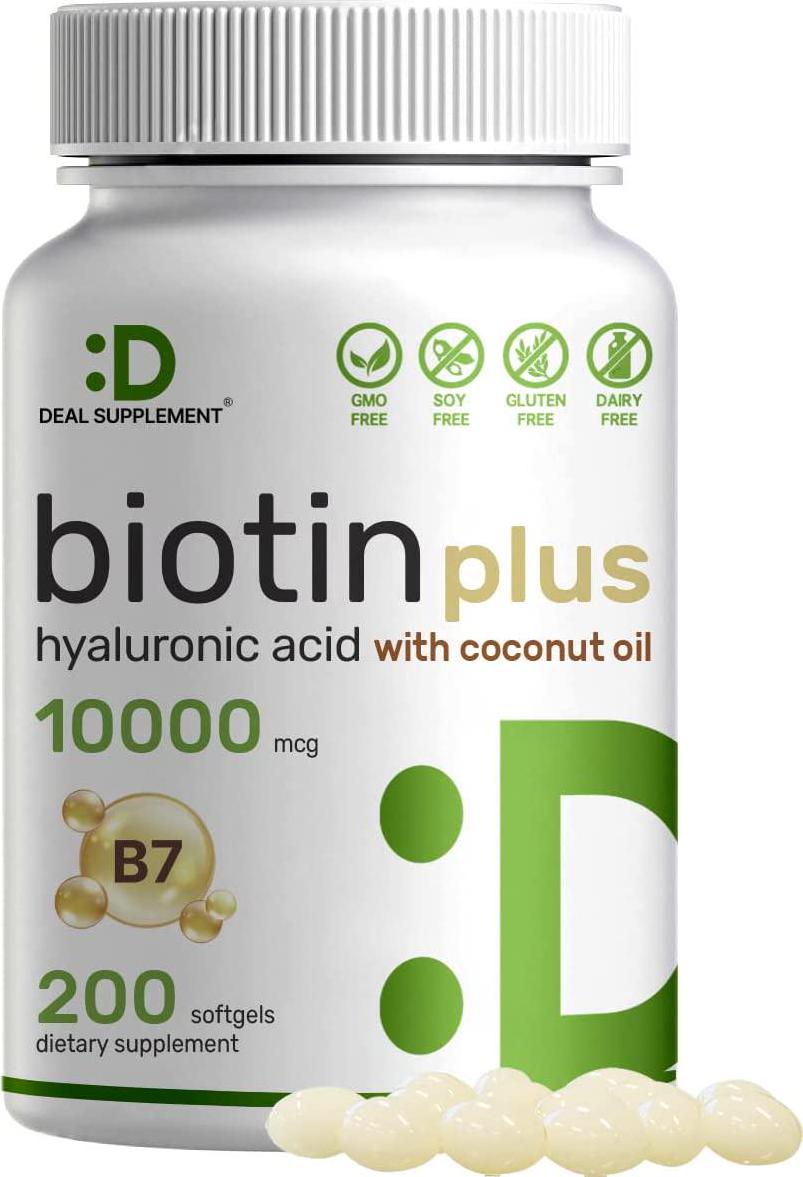 Biotin 10000mcg Plus Hyaluronic Acid with Coconut Oil, 200 Softgels, Bioavailable Biotin (Vitamin B7) Supplement, Promote Healthy Hair, Skin and Nails for Women and Men, Gluten Free, Non-GMO