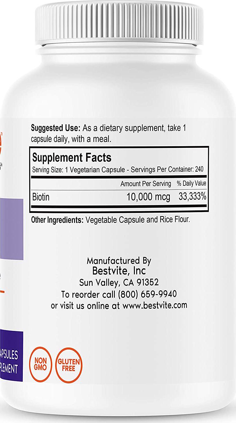 Biotin 10,000mcg (240 Vegetarian Capsules) - No Stearates - No Flow Agents