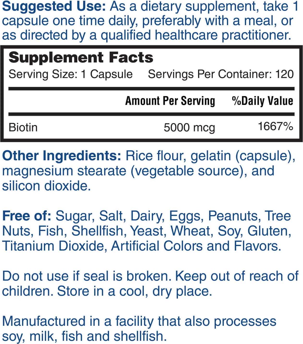 Biotin - 5000mcg - 120 Capsules (4 Month Supply) Promotes Healthy Hair Skin and Nails