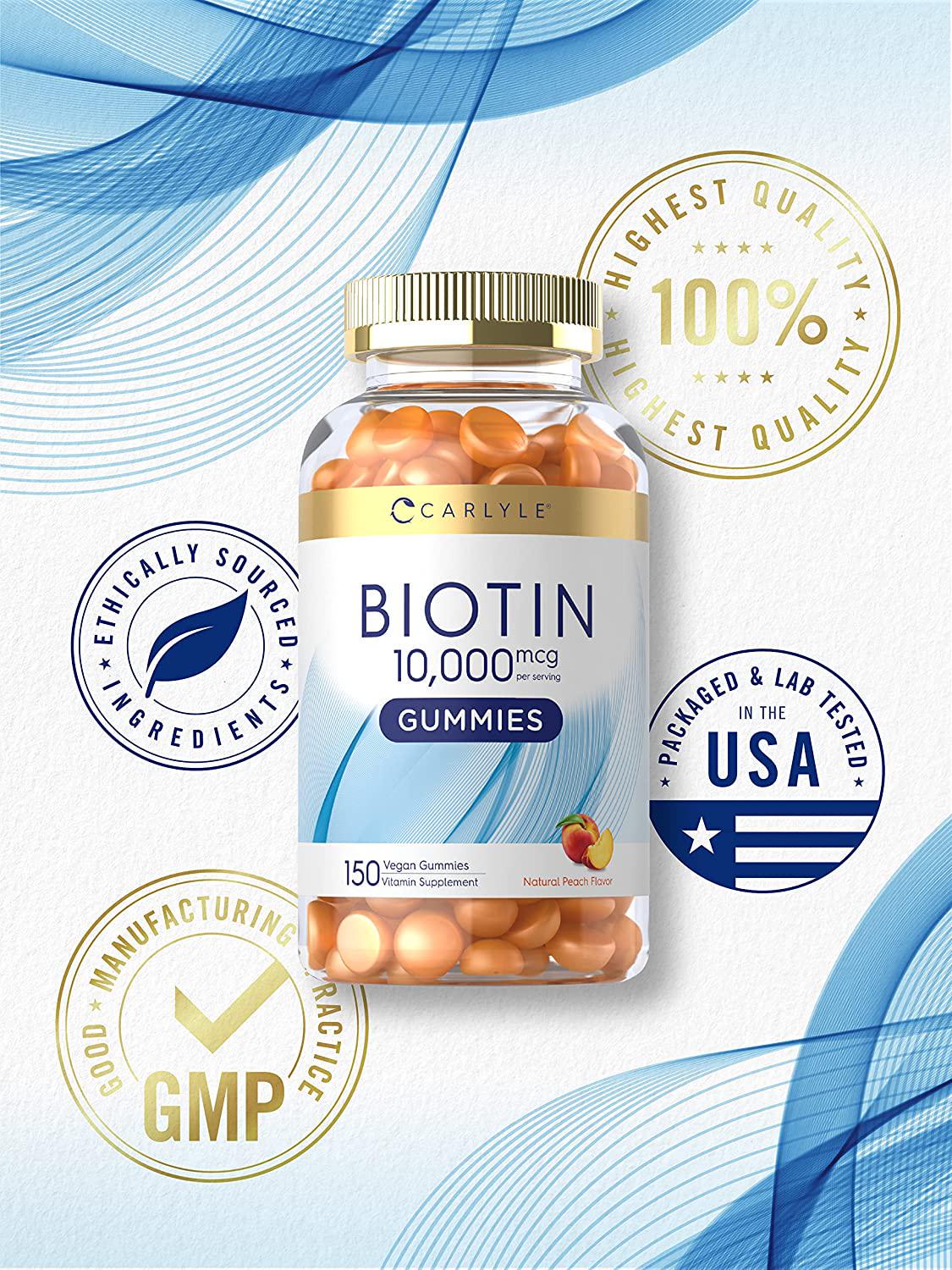 Biotin Gummies | 10000mcg | 150 Count | Peach Flavor Supplement | Vegan, Non-GMO, Gluten Free | by Carlyle