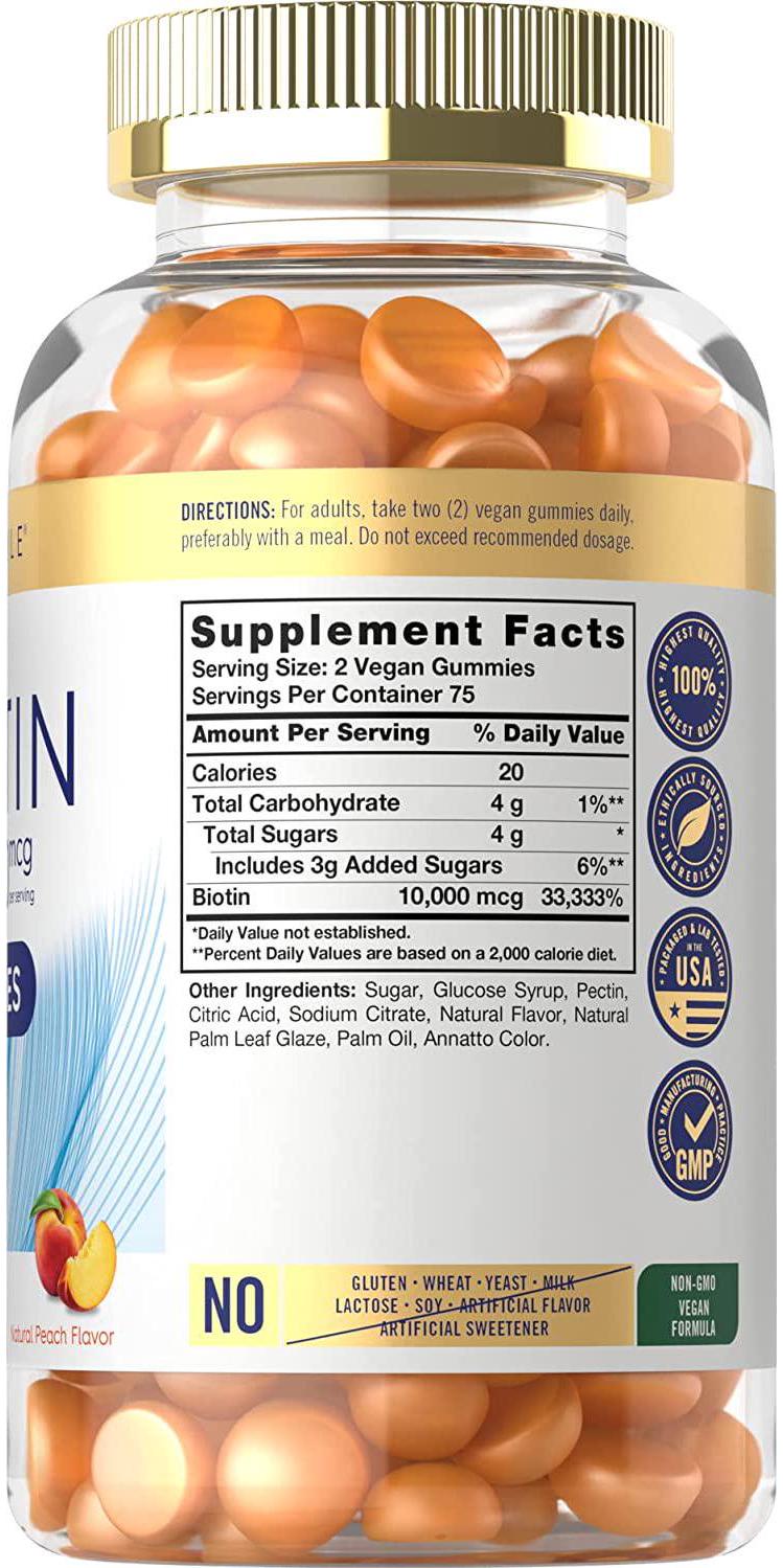 Biotin Gummies | 10000mcg | 150 Count | Peach Flavor Supplement | Vegan, Non-GMO, Gluten Free | by Carlyle
