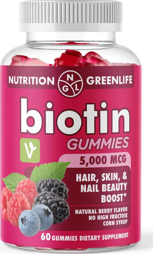 Biotin Gummies 5,000 MCG Hair, Skin, and Nails Beauty Boost - Vegan - Natural Flavors and Colors - 60Ct
