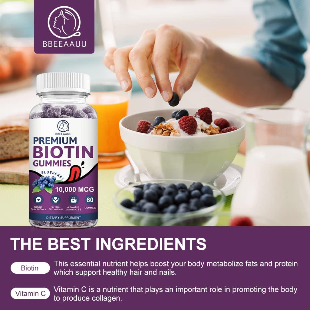 Biotin Gummies for Hair Growth, Biotin Hair, Skin and Nails Growth, 10000mg Vitamins Gummy for Women Men and Kids Vegan, Pectin Based, Blueberry Flavor - 60 Count