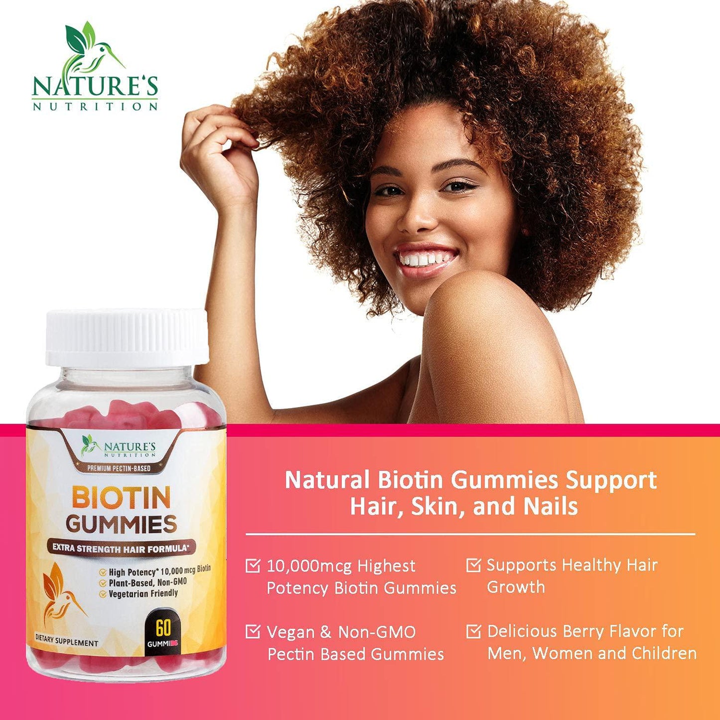 Biotin Gummies for Hair Growth Support High Potency 10000mcg - Aid Healthy Hair, Skin and Nails Vitamin - Made in USA - Best Vegan Pectin-Based Supplement for Men and Women, Non-GMO - 60 Gummies