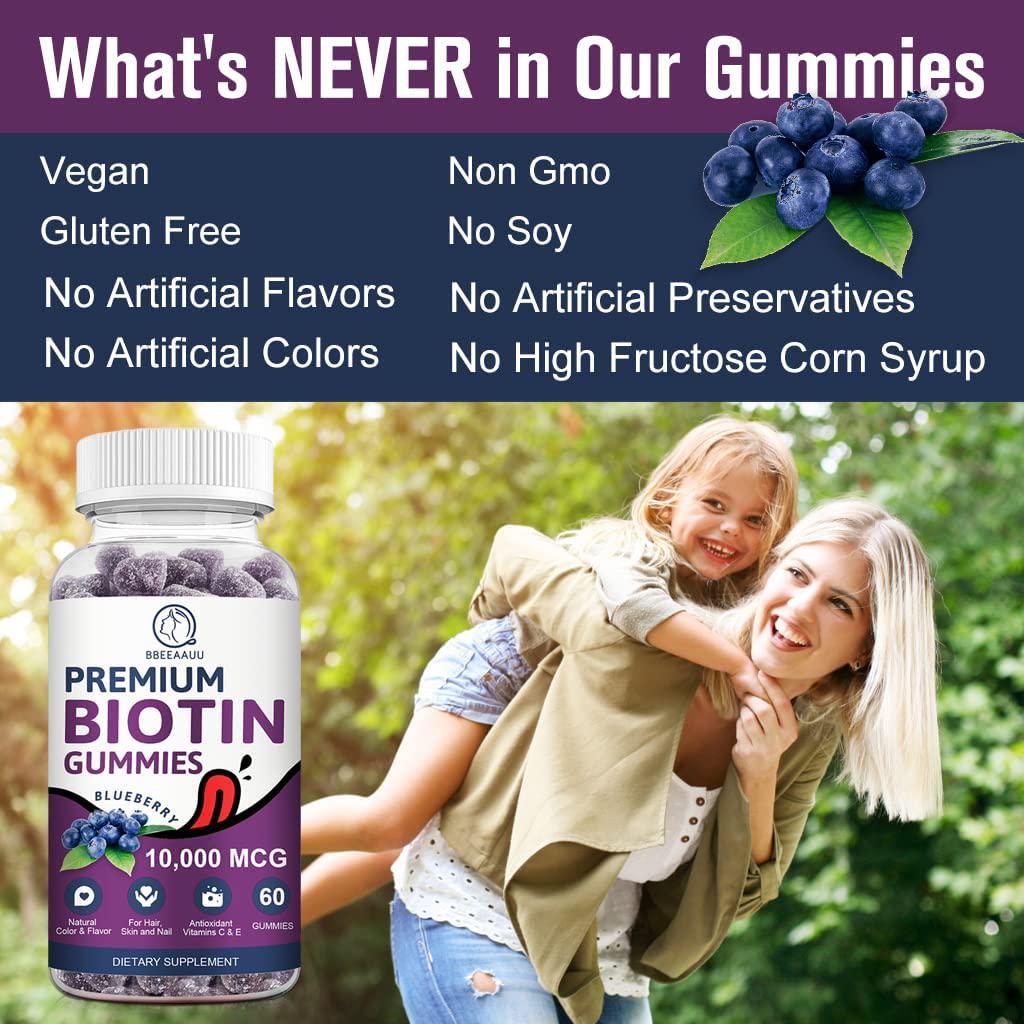 Biotin Gummies for Hair Growth, Biotin Hair, Skin and Nails Growth, 10000mg Vitamins Gummy for Women Men and Kids Vegan, Pectin Based, Blueberry Flavor - 60 Count