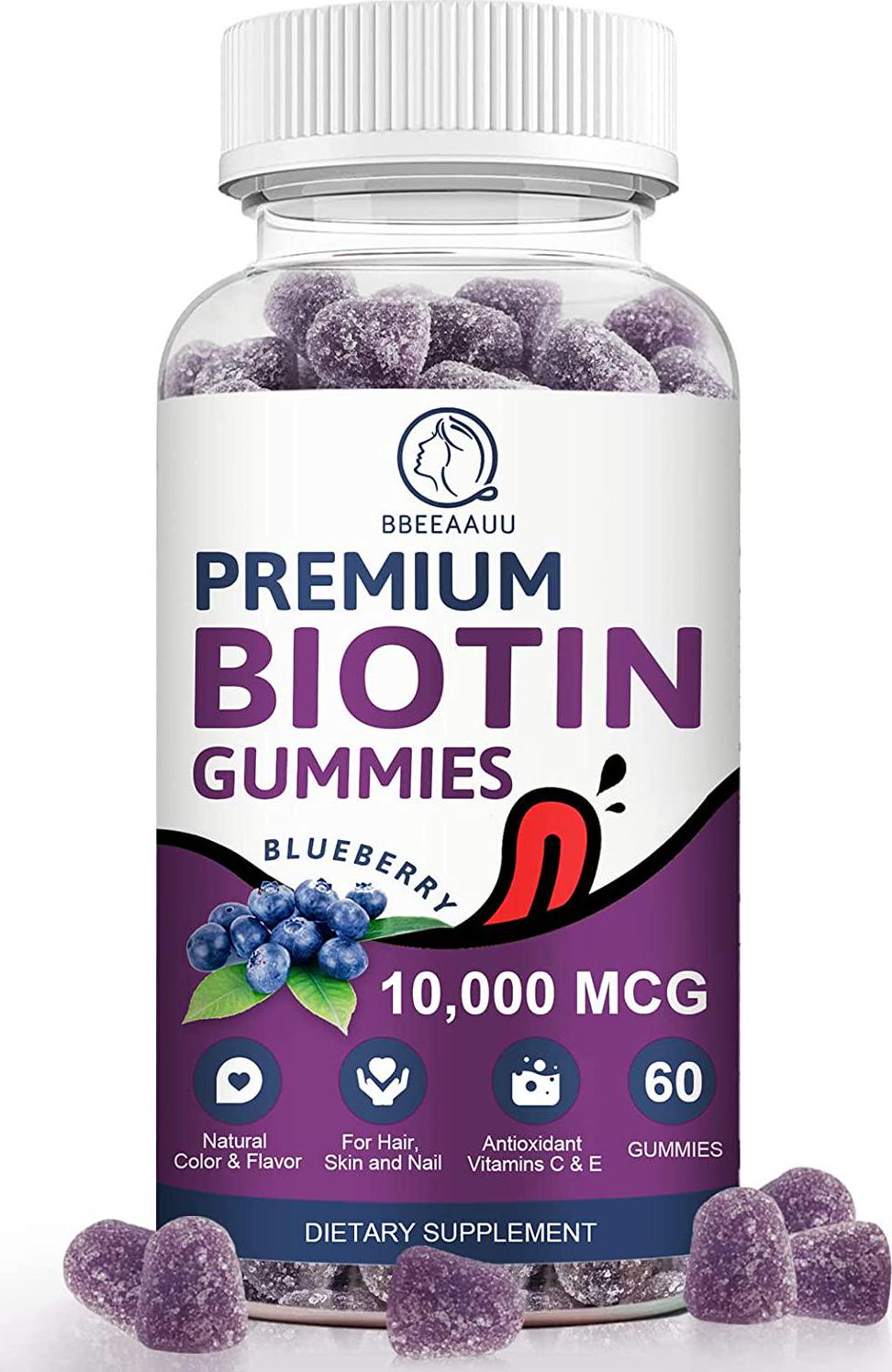 Biotin Gummies for Hair Growth, Biotin Hair, Skin and Nails Growth, 10000mg Vitamins Gummy for Women Men and Kids Vegan, Pectin Based, Blueberry Flavor - 60 Count