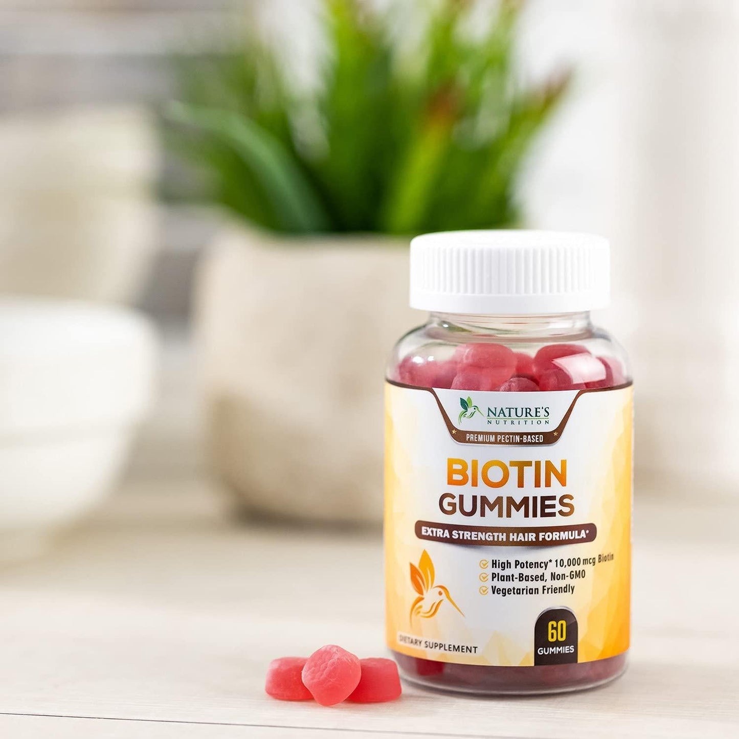 Biotin Gummies for Hair Growth Support High Potency 10000mcg - Aid Healthy Hair, Skin and Nails Vitamin - Made in USA - Best Vegan Pectin-Based Supplement for Men and Women, Non-GMO - 60 Gummies