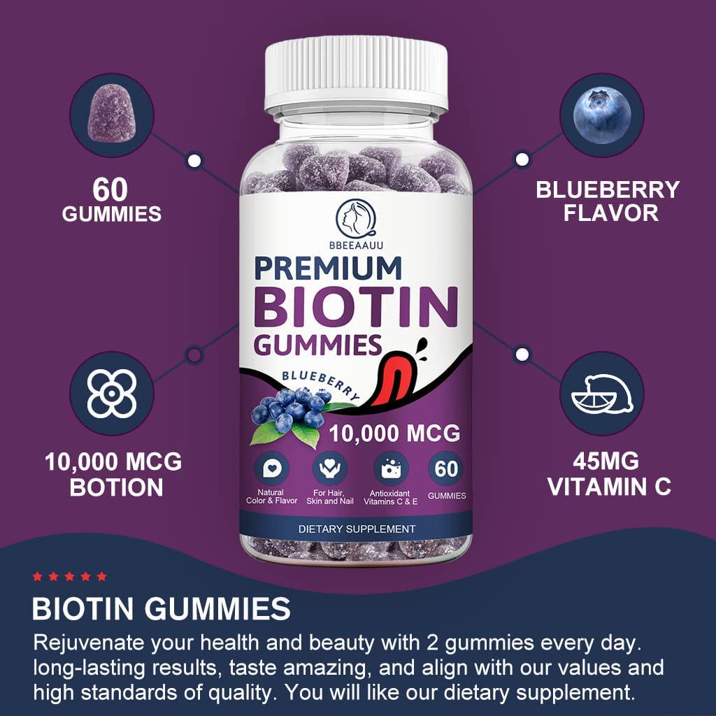 Biotin Gummies for Hair Growth, Biotin Hair, Skin and Nails Growth, 10000mg Vitamins Gummy for Women Men and Kids Vegan, Pectin Based, Blueberry Flavor - 60 Count