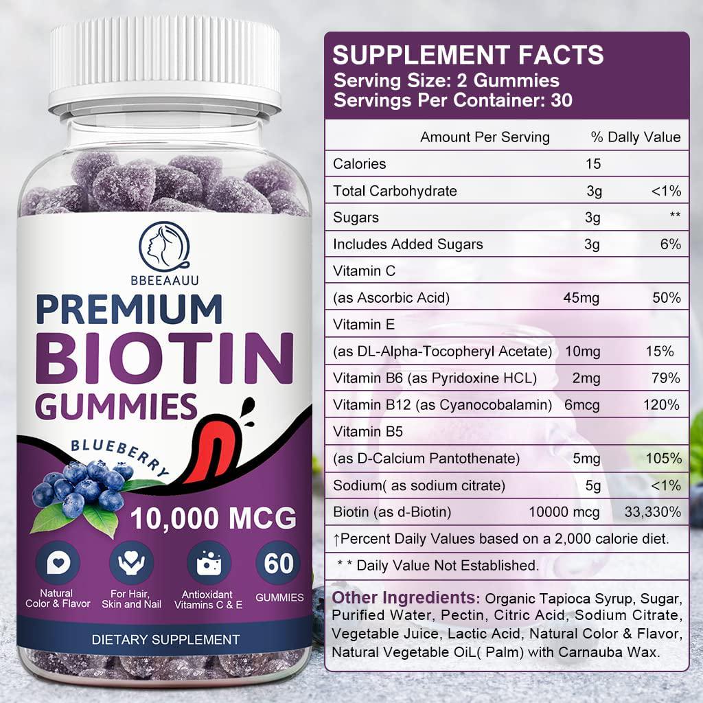 Biotin Gummies for Hair Growth, Biotin Hair, Skin and Nails Growth, 10000mg Vitamins Gummy for Women Men and Kids Vegan, Pectin Based, Blueberry Flavor - 60 Count