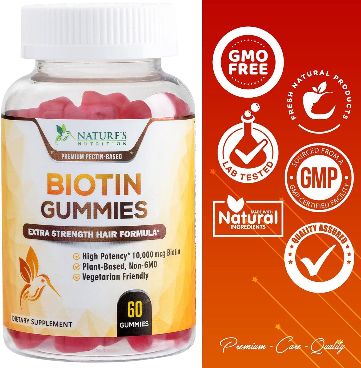 Biotin Gummies for Hair Growth Support High Potency 10000mcg - Aid Healthy Hair, Skin and Nails Vitamin - Made in USA - Best Vegan Pectin-Based Supplement for Men and Women, Non-GMO - 60 Gummies