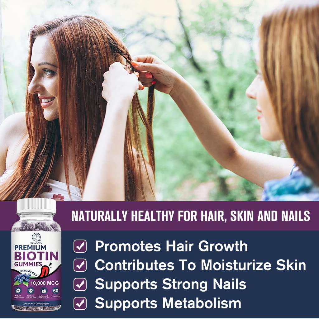 Biotin Gummies for Hair Growth, Biotin Hair, Skin and Nails Growth, 10000mg Vitamins Gummy for Women Men and Kids Vegan, Pectin Based, Blueberry Flavor - 60 Count