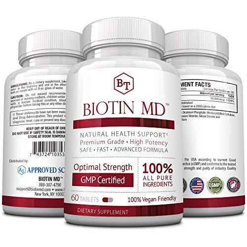 Biotin MD Extra Strength Pure Biotin 10,000mcg for Improved Hair, Skin and Nail Health; 60 Vegan Tablets; Made in USA