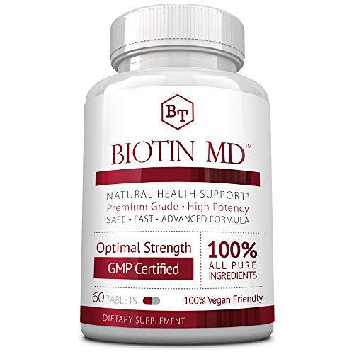 Biotin MD Extra Strength Pure Biotin 10,000mcg for Improved Hair, Skin and Nail Health; 60 Vegan Tablets; Made in USA