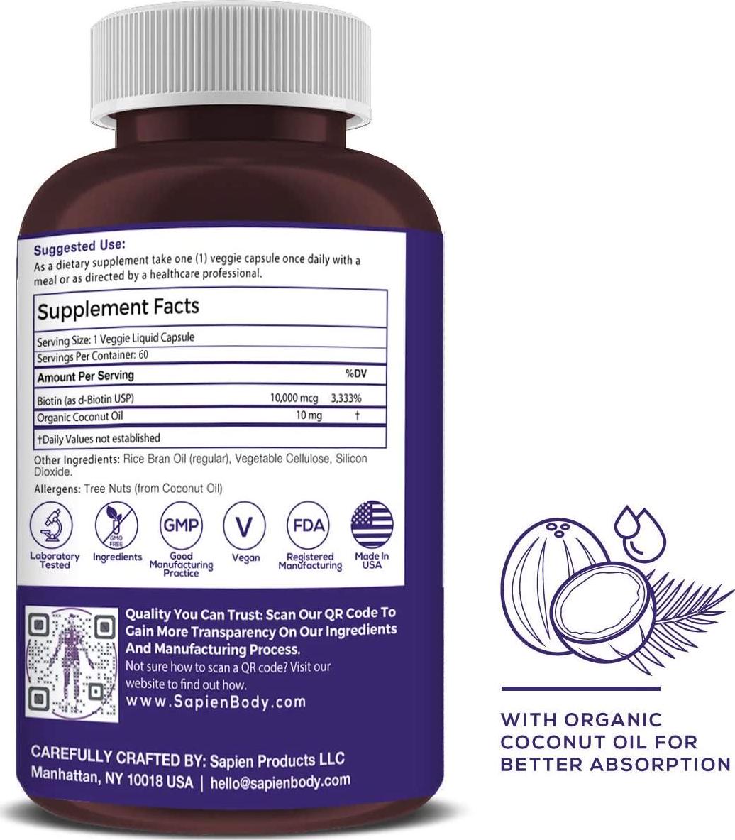 Biotin - Made in USA - 10,000mcg Coconut Oil - Premium Vegetarian Supplement by Sapien Labs (60 Pill Count)