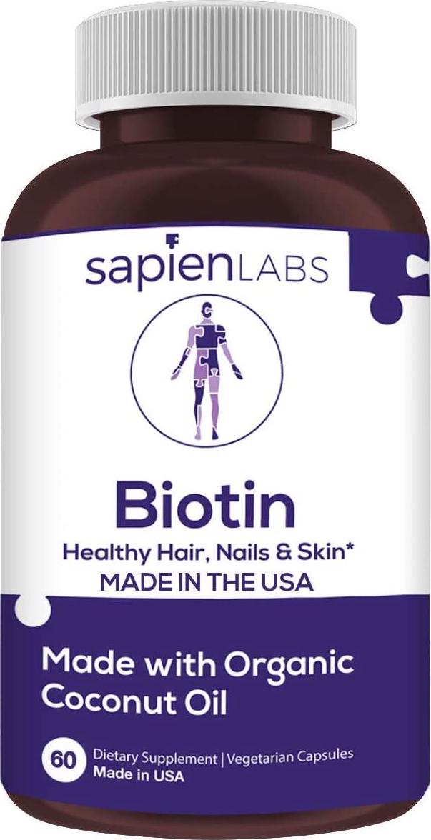Biotin - Made in USA - 10,000mcg Coconut Oil - Premium Vegetarian Supplement by Sapien Labs (60 Pill Count)