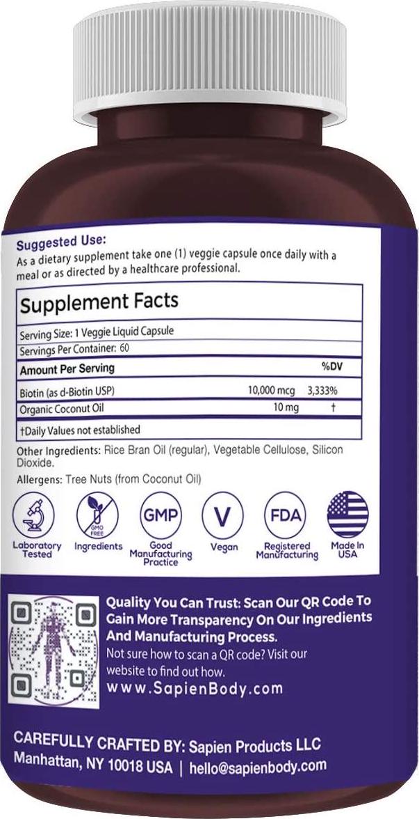 Biotin - Made in USA - 10,000mcg Coconut Oil - Premium Vegetarian Supplement by Sapien Labs (60 Pill Count)