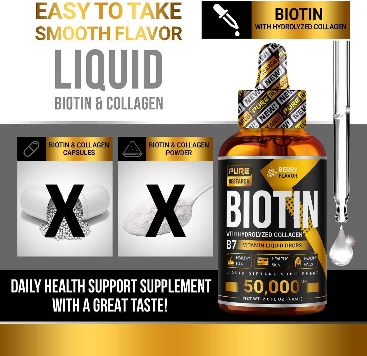 Biotin and Collagen 50,000mcg Hair Growth Liquid Drops, Supports Strong Nails, Glowing Skin, Healthy Hair Growth, More Absorption Than Capsules and Pills