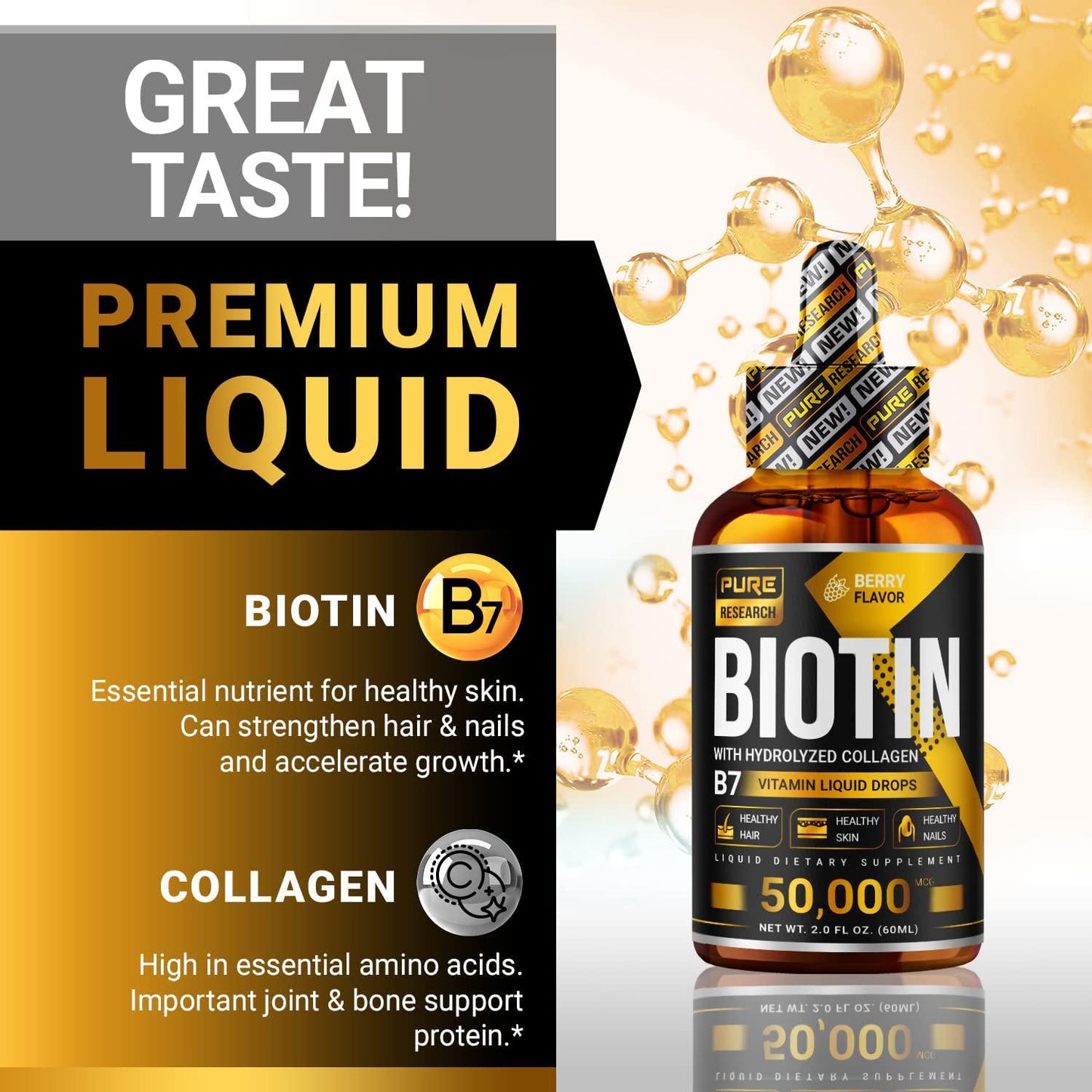 Biotin and Collagen 50,000mcg Hair Growth Liquid Drops, Supports Strong Nails, Glowing Skin, Healthy Hair Growth, More Absorption Than Capsules and Pills