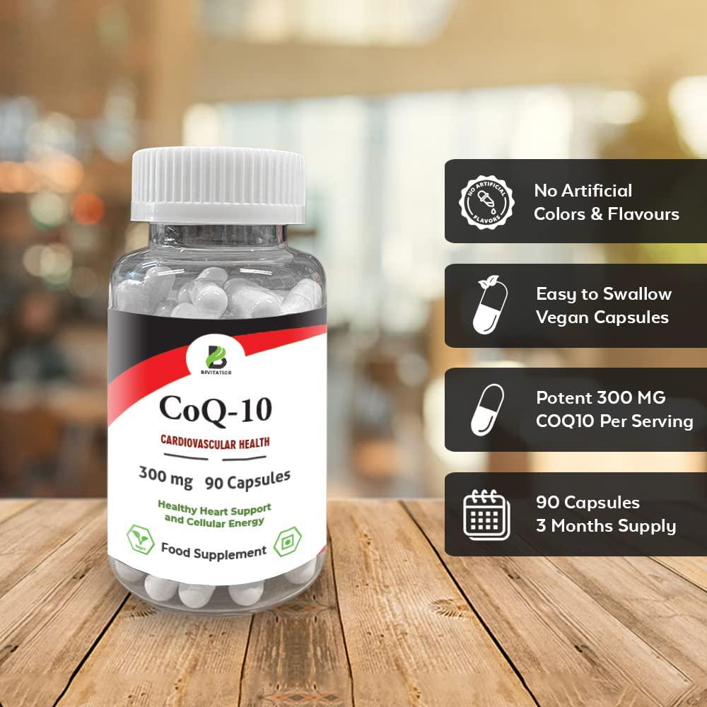 Bivitatics Co Enzyme Q10 300mg Capsules, 90 Super Strength, Vegetarian Friendly, High Absorption CoQ10 Capsules, Made to GMP Standards