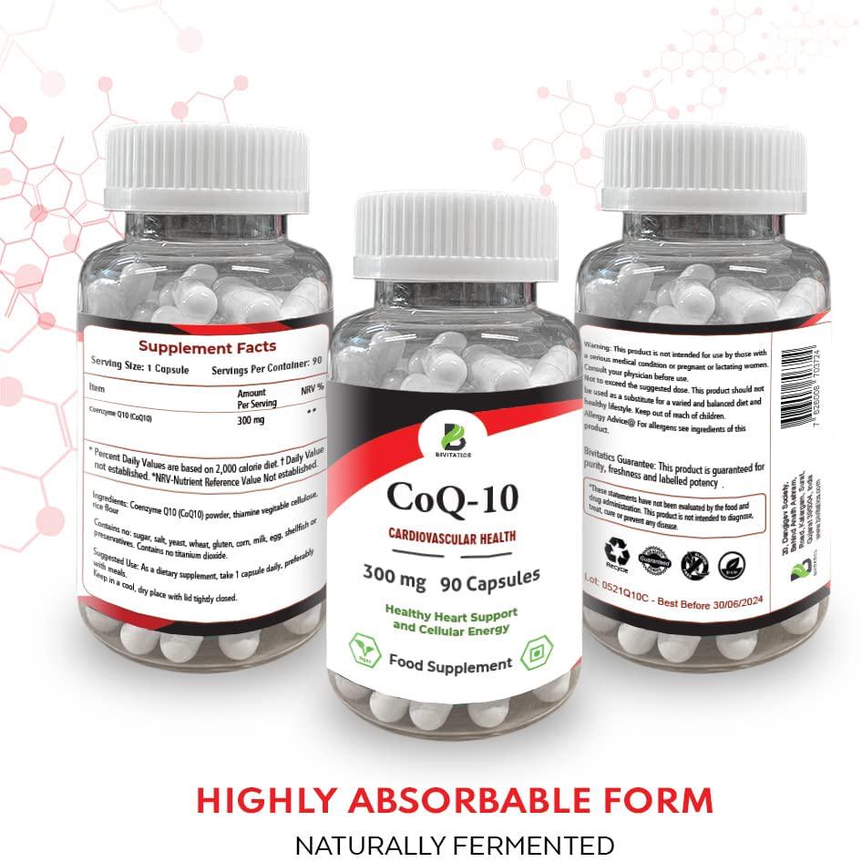 Bivitatics Co Enzyme Q10 300mg Capsules, 90 Super Strength, Vegetarian Friendly, High Absorption CoQ10 Capsules, Made to GMP Standards