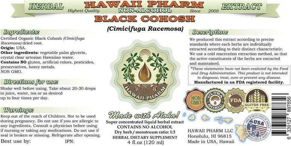 Black Cohosh Alcohol-FREE Liquid Extract, Organic Black Cohosh (Cimicifuga Racemosa) Dried Root Glycerite Hawaii Pharm Natural Herbal Supplement 2 oz