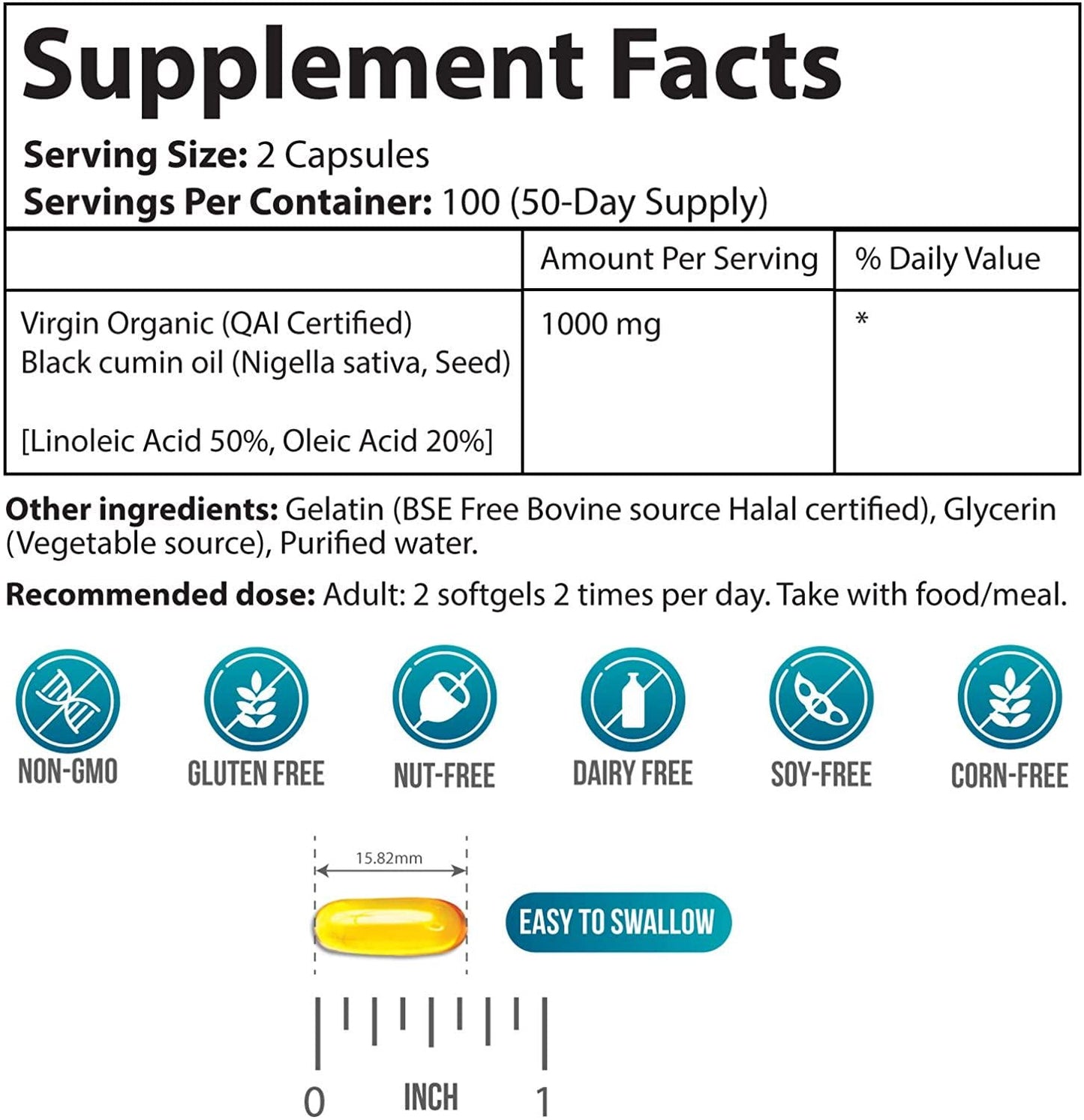 Black Cumin Seed Oil Capsules. Organic, Cold Pressed. 200 softgels, 500mg (50-Day Supply). No Aftertaste.