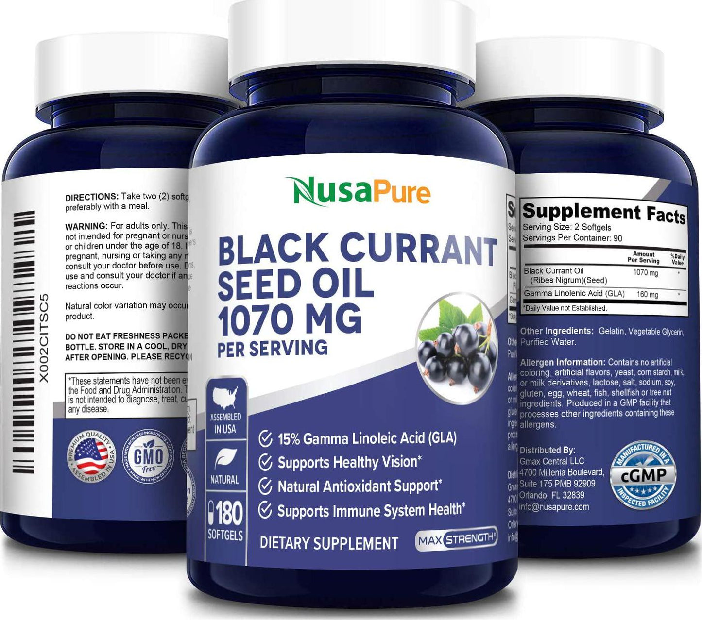 Black Currant Oil 1070mg gla 16% 180 Caps (Non-GMO and Gluten Free) Hexane Free – Natural Anti Aging Antioxidant with High GLA Formula – Supports Hair, Skin, Joint and Eye Health – Softgel Supplement