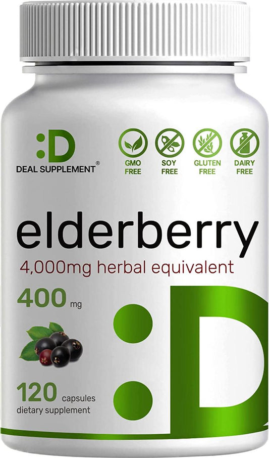 Black Elderberry Capsules 4,000mg Herbal Equivalent, 120 Caps, Immune Support, Promote Energy | Natural Antioxidant | Immune Vitamins
