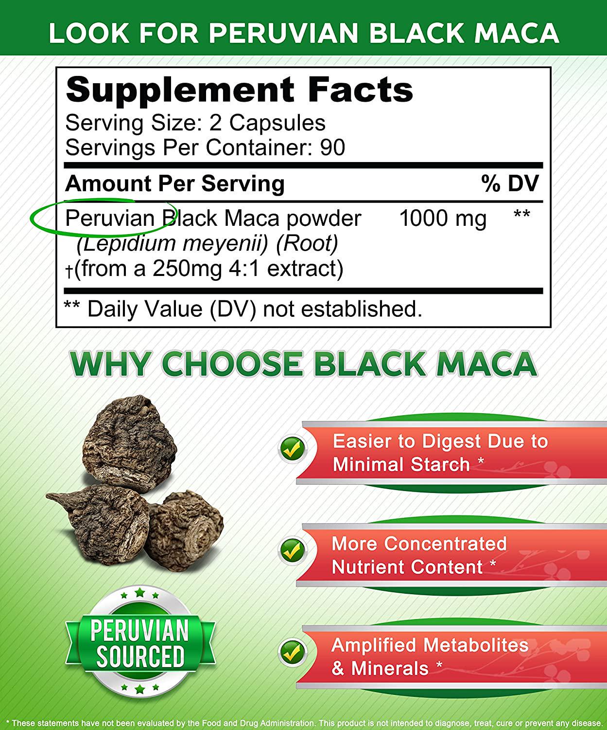 Black Maca Root - 180 Capsules - Max Strength 1000mg Per Serving - Gelatinized Maca Root Extract Supplement from Peru - Natural Pills to Support Health and Pure Energy - Non-GMO