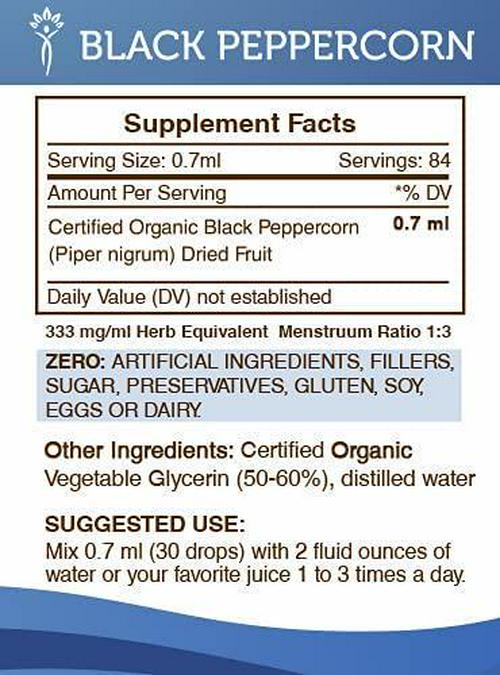 Black Peppercorn Tincture Alcohol-Free Liquid Extract, Organic Black Peppercorn (Piper nigrum) Dried Fruit (2 FL OZ)