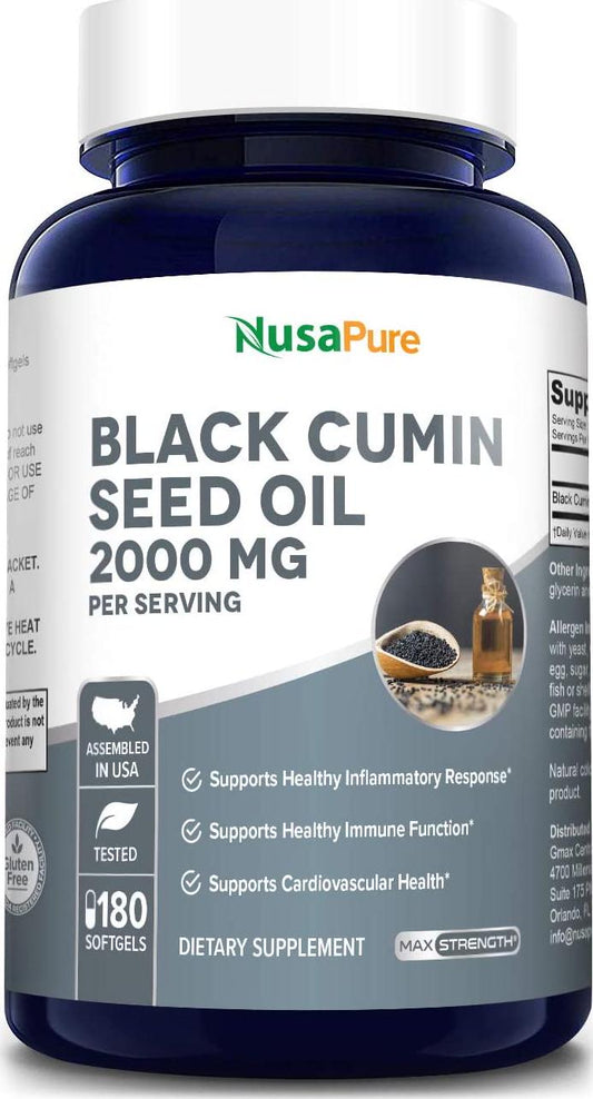 Black Seed Oil 2000 mg per Serving - 180 Softgel Caps (Non-GMO and Gluten-Free) Cold-Pressed Nigella Sativa Producing Pure Black Cumin Seed Oil with Vitamin E
