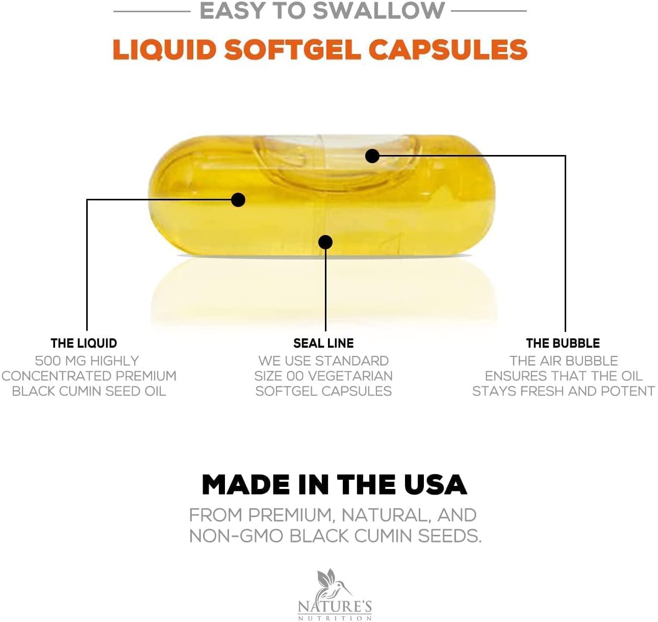 Black Seed Oil Capsules, Max Potency Cold-Pressed 1000mg - Premium Nigella Sativa Black Cumin, Amazing Antioxidant Highest Thymoquinone, Non-GMO Supplement Pills by Natures Nutrition - 60 Capsules