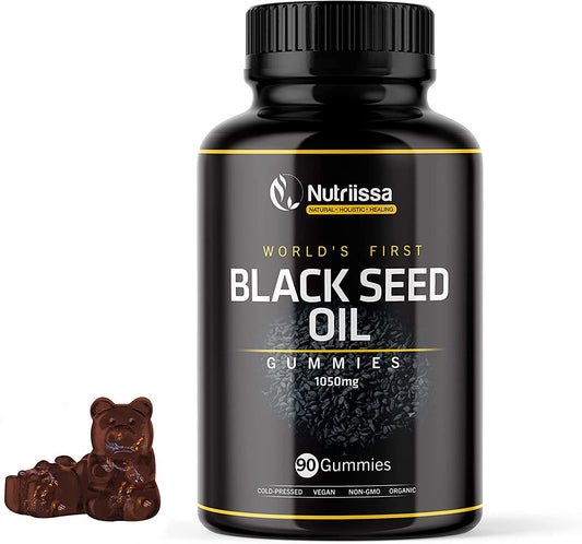 Black Seed Oil Gummy Vitamins by Nutriissa – 90Pcs Nutritional Supplements – Cold-Pressed Vegan Non-GMO – 1050mg Highly Potent Formula – Rich in Thymoquinone, Anti-oxidant, Anti-inflammatory