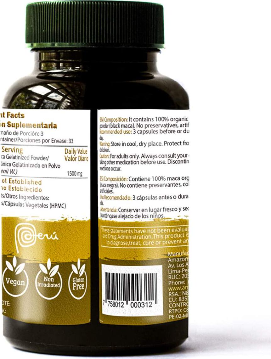 Black maca Root Powder - 100 Pills * 500 mg -100% Vegan Capsules - Organic Supplement - Andes