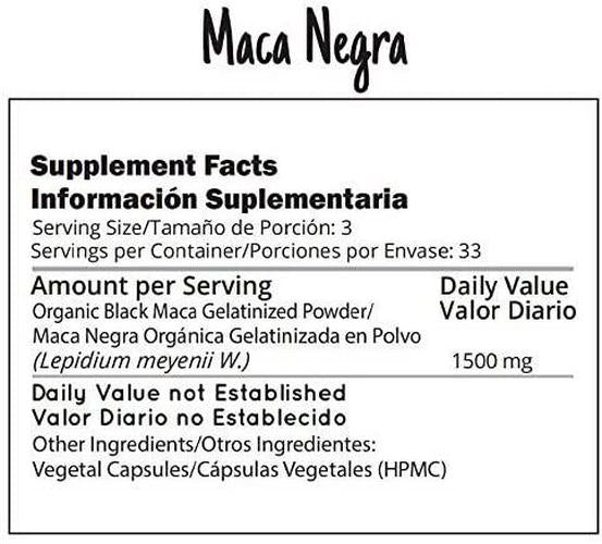 Black maca Root Powder - 100 Pills * 500 mg -100% Vegan Capsules - Organic Supplement - Andes