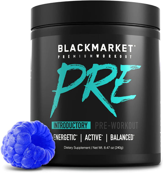 Blackmarket Pre Workout Powder - 30 Servings of Preworkout - Blue Razz Flavor Energy Drink Mix Formulated for Men and Women - Without Creatine - Supplements and Sports Nutrition Pre-Workout Product