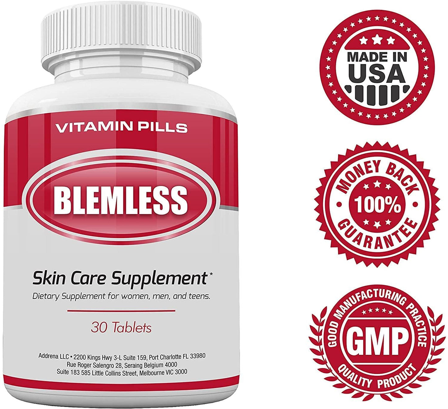 Blemless 30 Day Clear Skin Supplements Pill- Best Tablets for Oily Skin and a Glowing Complexion | Vitamin Pills for Women and Men That May Help Some Spots and Blemishes