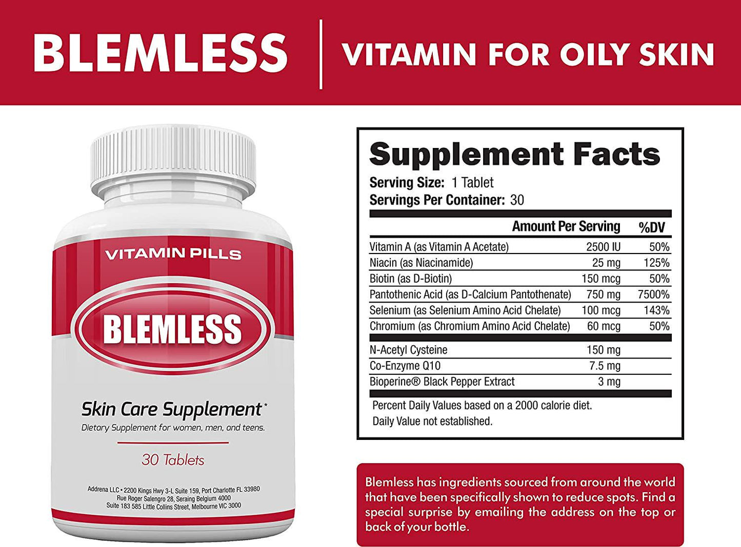 Blemless 30 Day Clear Skin Supplements Pill- Best Tablets for Oily Skin and a Glowing Complexion | Vitamin Pills for Women and Men That May Help Some Spots and Blemishes