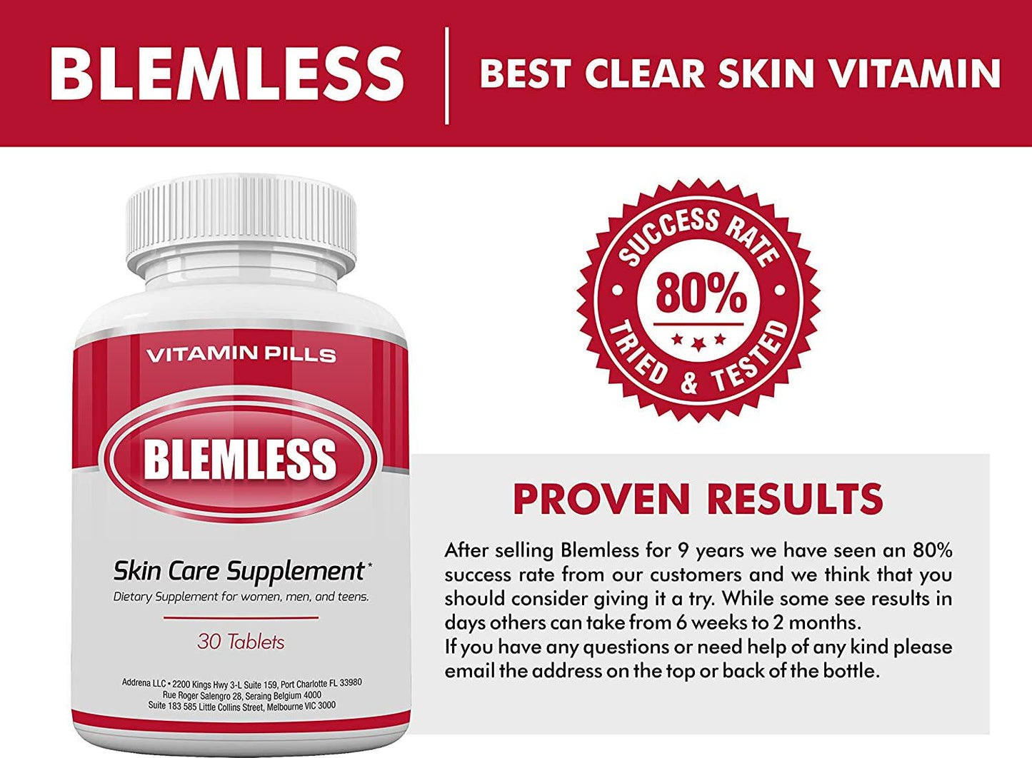 Blemless 30 Day Clear Skin Supplements Pill- Best Tablets for Oily Skin and a Glowing Complexion | Vitamin Pills for Women and Men That May Help Some Spots and Blemishes