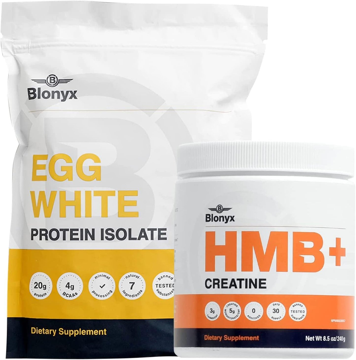 Blonyx Power and Strength Bundle, HMB+ Creatine and Egg White Protein Isolate, 30 Day Supply