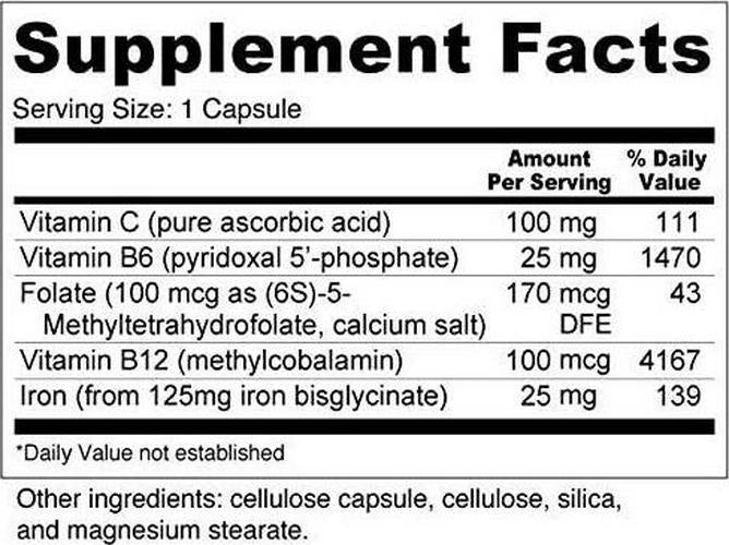 Blood Booster - Iron Bisglycinate (25mg), MethylFolate, Coenzyme B12 for Enhanced Absorption (180 Capsules)