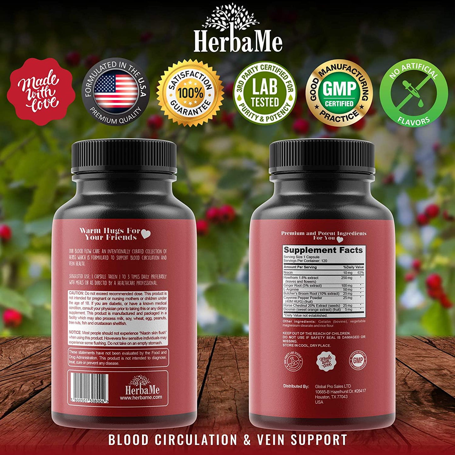 Blood Circulation Supplement by HerbaMe, 120 Capsules, Helps Reduce Spider and Varicose Veins, Supports Vessels, Leg and Cardiovascular Health with Niacin, L-Arginine, Ginger, Cayenne Pepper, Diosmin and Hawthorn