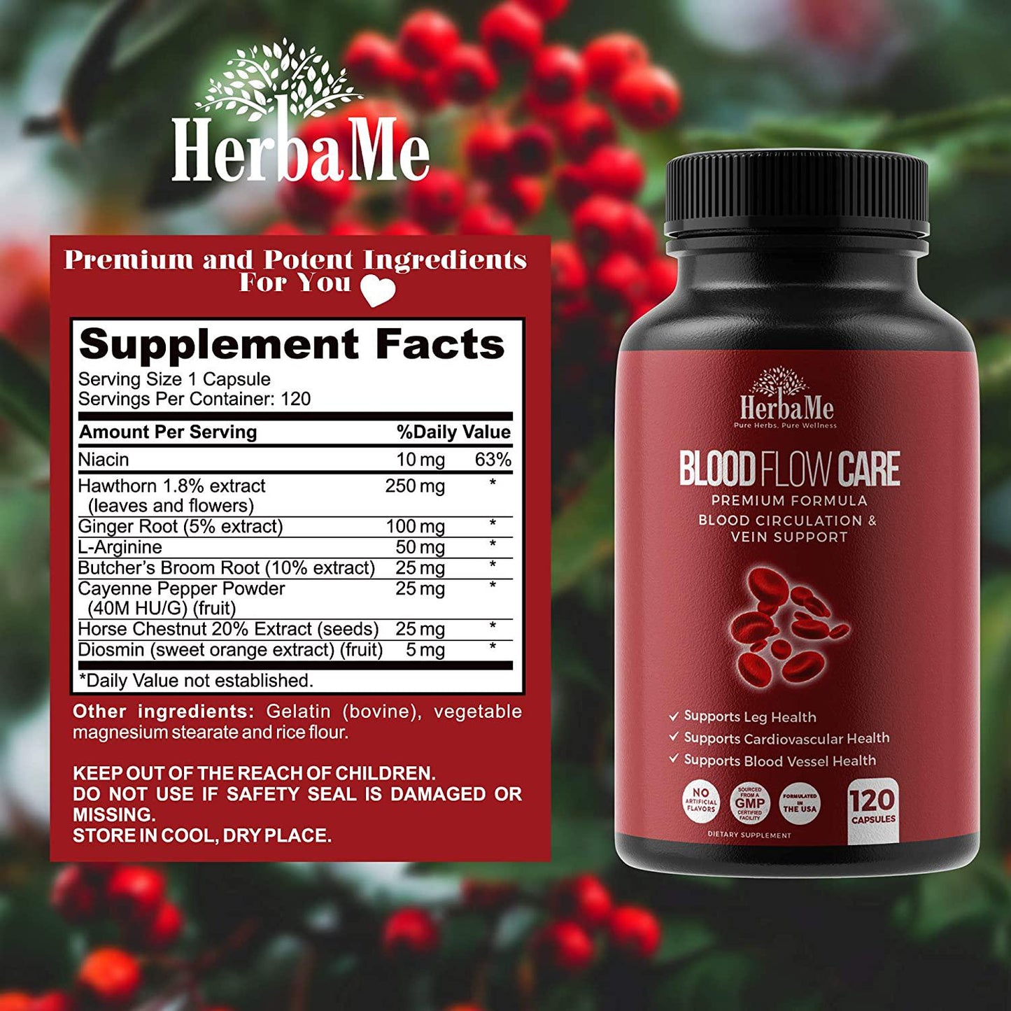 Blood Circulation Supplement by HerbaMe, 120 Capsules, Helps Reduce Spider and Varicose Veins, Supports Vessels, Leg and Cardiovascular Health with Niacin, L-Arginine, Ginger, Cayenne Pepper, Diosmin and Hawthorn