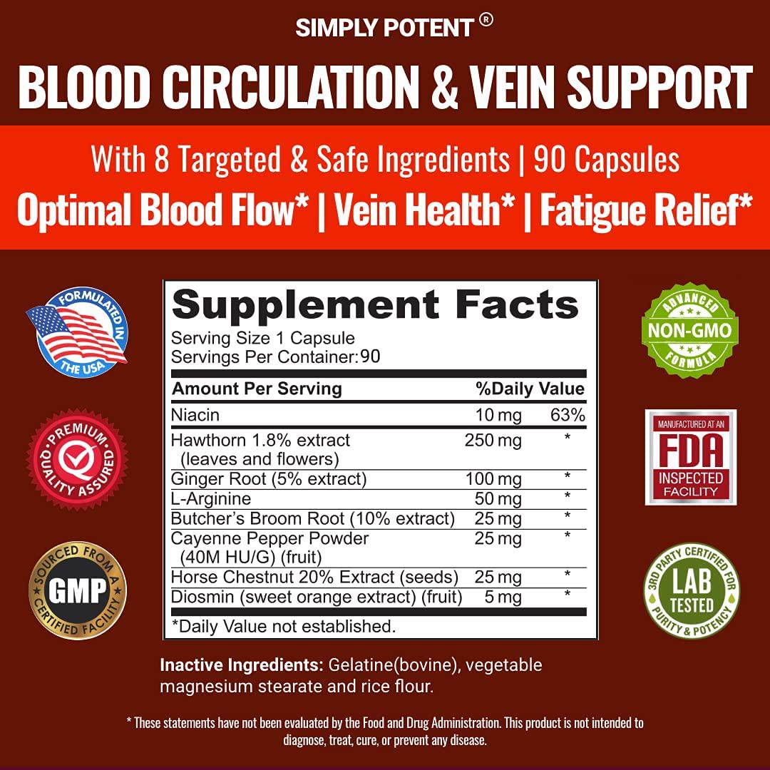 Blood Circulation and Vein Support Supplement, Helps Reduce Spider and Varicose Veins, Supports Vessels, Leg and Cardiovascular Health w/ Niacin, L-Arginine, Ginger, Cayenne Pepper, Hawthorn (Pack of 1)