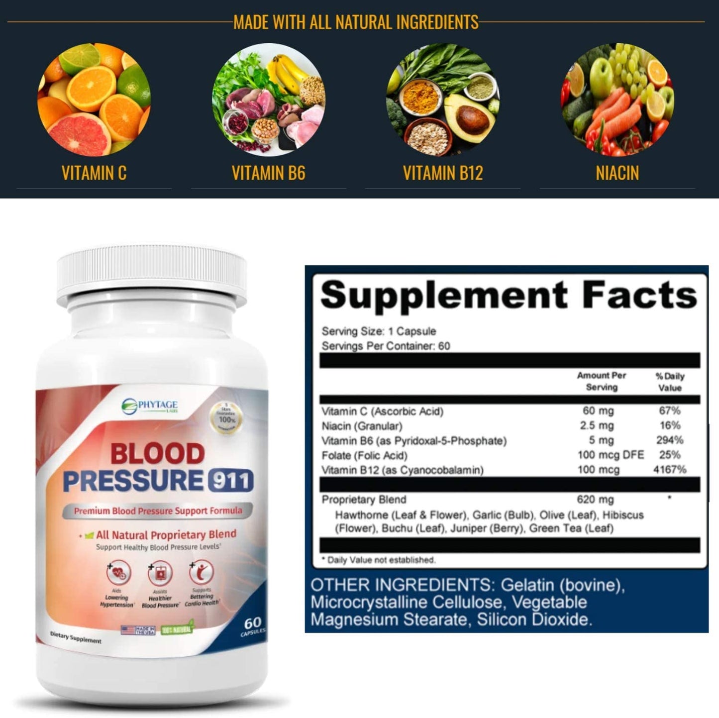 Blood Pressure 911 Support Supplement - PhytAge Labs All Natural Healthy Heart, Cholesterol Level, Cardiovascular Support. 60 Capsules