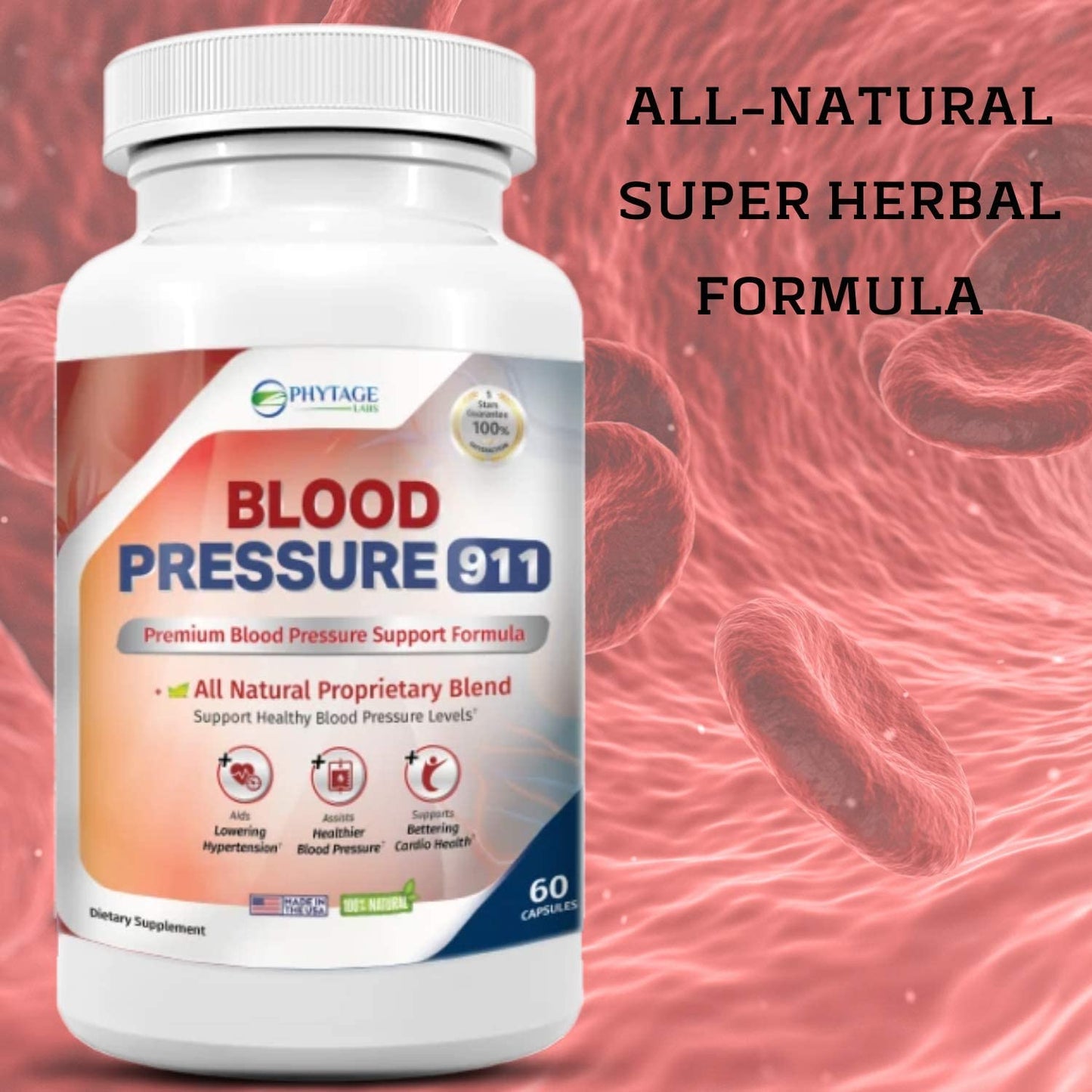 Blood Pressure 911 Support Supplement - PhytAge Labs All Natural Healthy Heart, Cholesterol Level, Cardiovascular Support. 60 Capsules