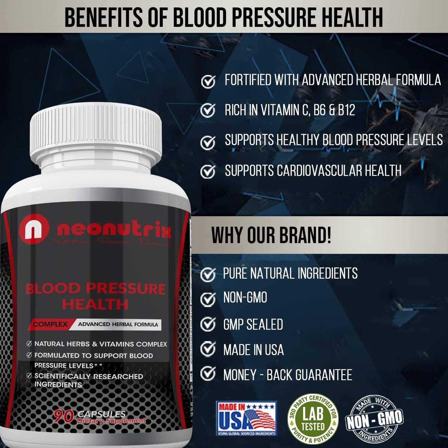 Blood Pressure Supplement to Support Circulation, Cardiovascular Health and Blood Pressure Naturally Advanced Herb and Vitamin Complex with Niacin, Hawthorn Extract and Hibiscus 90 Capsules by Neonutrix