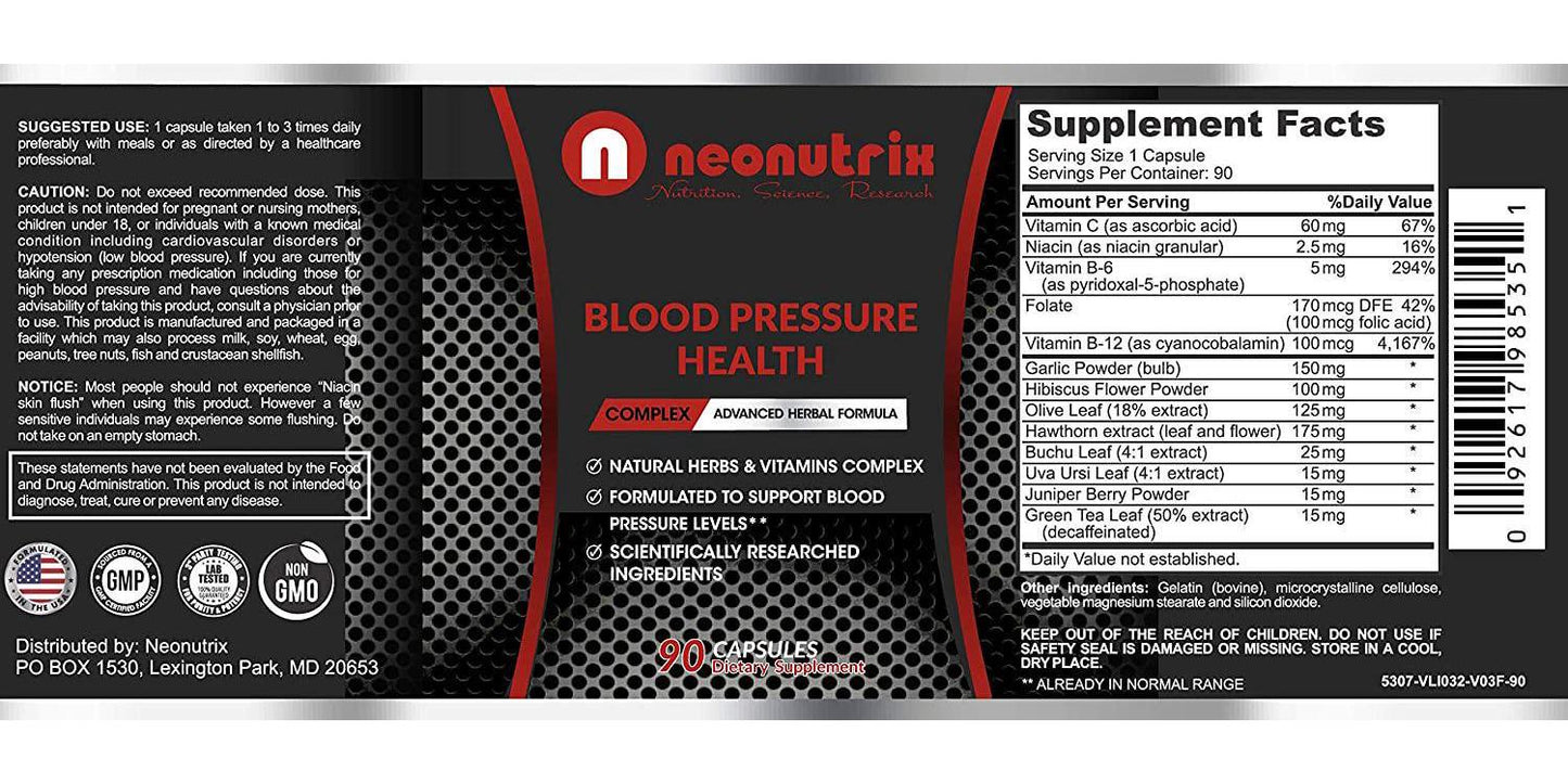 Blood Pressure Supplement to Support Circulation, Cardiovascular Health and Blood Pressure Naturally Advanced Herb and Vitamin Complex with Niacin, Hawthorn Extract and Hibiscus 90 Capsules by Neonutrix